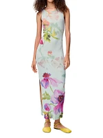 Floral Logo Embroidered Silk-Cotton Tank Maxi Dress