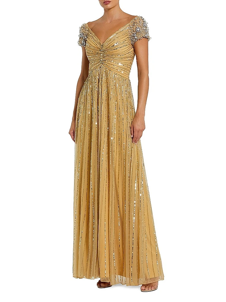 Embellished Mesh Fit & Flare Gown