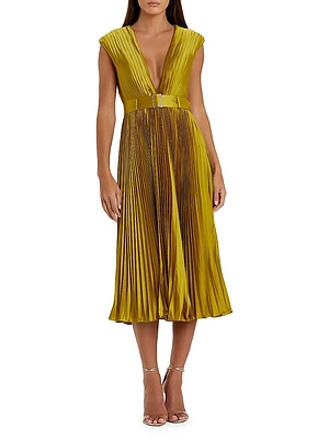 Ieena 2 Pleated Satin Belted Midi-Dress