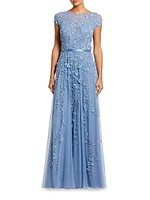 Evening Floral-Embroidered Mesh Gown