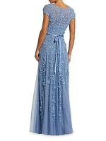 Evening Floral-Embroidered Mesh Gown