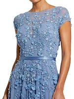 Evening Floral-Embroidered Mesh Gown