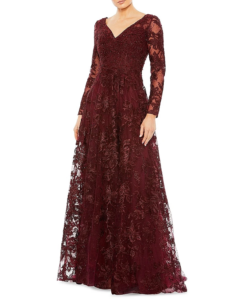 Evening Crystal-Embellished V-Neck Gown
