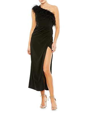 Cocktail Feather-Trimmed One-Shoulder Dress