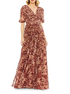 Floral Mesh V-Neck Gown