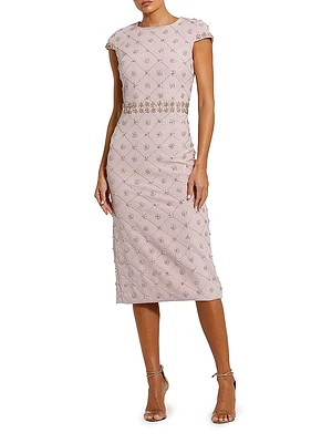 Hand-Embellished Cap-Sleeve Midi-Dress