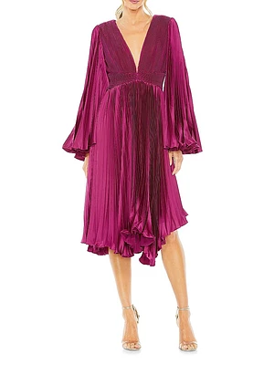 Pleated Satin Cocktail Midi-Dress
