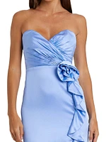 Prom 3D Flower Satin Strapless Column Gown