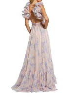Ruffle Tiered Floral Cut-Out Chiffon Gown