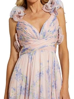 Ruffle Tiered Floral Cut-Out Chiffon Gown