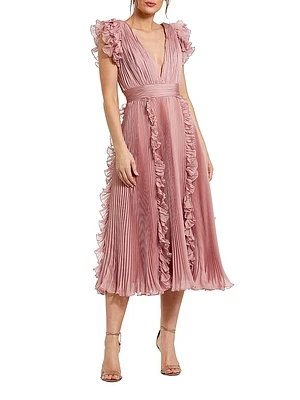 V-Neck Pleated Chiffon Ruffle Midi-Dress