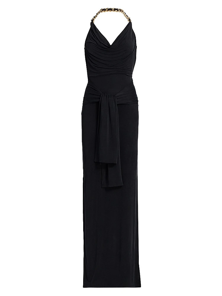 Chain Strap Tie-Waist Halter Gown