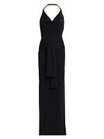 Chain Strap Tie-Waist Halter Gown