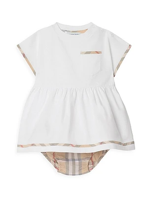 Baby Girl's Check Trim Cotton Dress & Bloomers Set