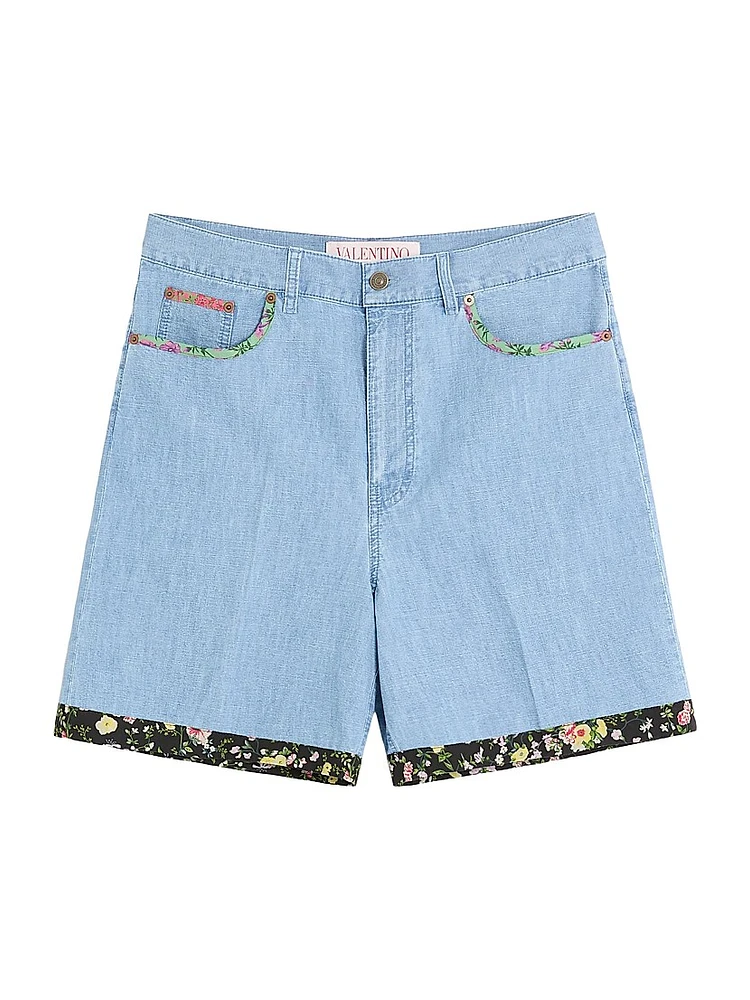 Denim Bermuda Shorts with Floral Print Hem