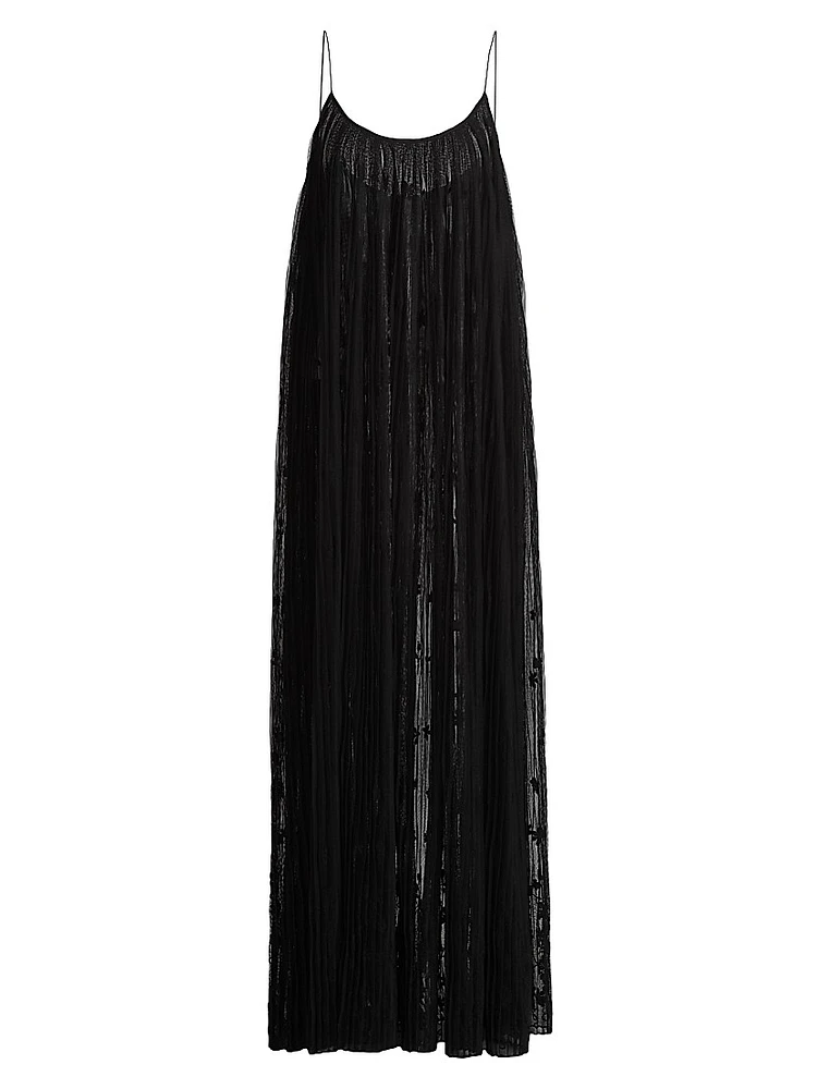 Embroidered-Floral Plissé Tulle Maxi Dress