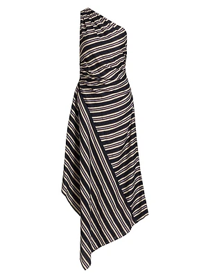 Lyn Striped Linen-Blend One-Shoulder Midi-Dress