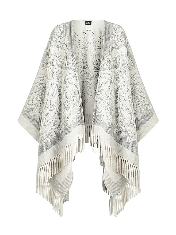 Jacquard Wool Fringe-Trim Cape