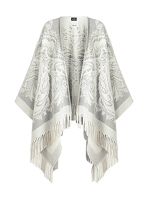 Jacquard Wool Fringe-Trim Cape