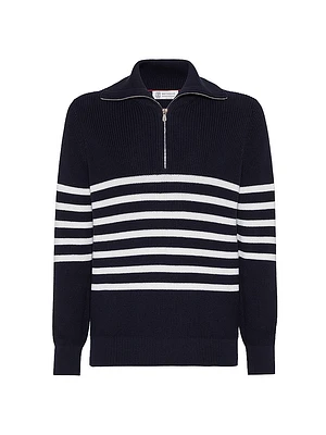 Cotton Half English Rib Striped Sweater with Zip