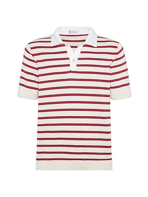 Striped Knit Polo Shirt with Twill Collar