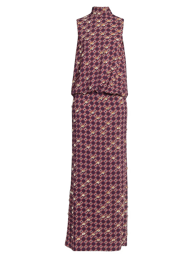 Printed Embellished-Trim Crepe Blouson Maxi Dress