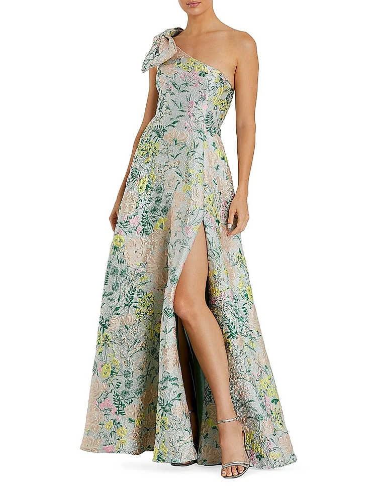 Floral Brocade Bow One-Shoulder Gown
