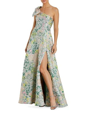 Floral Brocade Bow One-Shoulder Gown