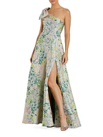 Floral Brocade Bow One-Shoulder Gown