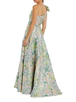 Floral Brocade Bow One-Shoulder Gown