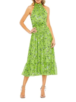 Floral Chiffon Halterneck A-Line Midi-Dress