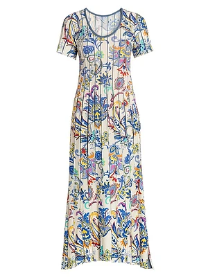 Bouquet Pleated Short-Sleeve Midi-Dress