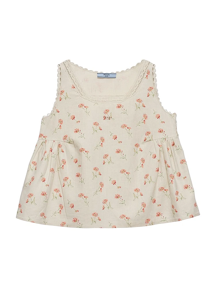Embroidered Floral Print Linen Top