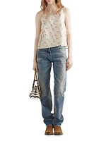 Embroidered Floral Print Linen Top