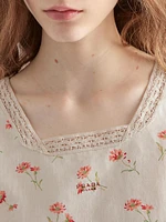 Embroidered Floral Print Linen Top