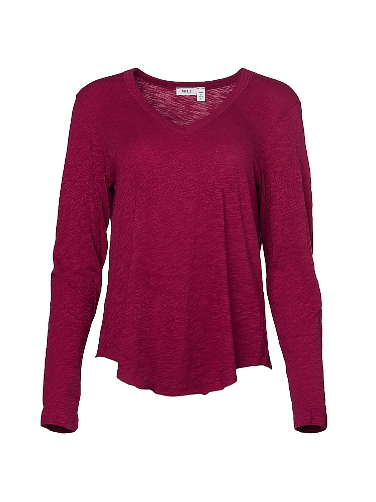 Long Sleeve V-Neck Raw Hem Shirttail