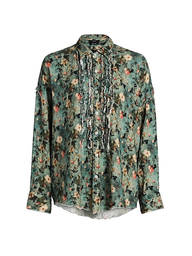 Floral Ruffled Cotton Button-Front Shirt