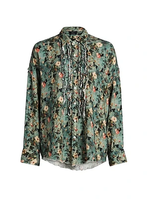 Floral Ruffled Cotton Button-Front Shirt