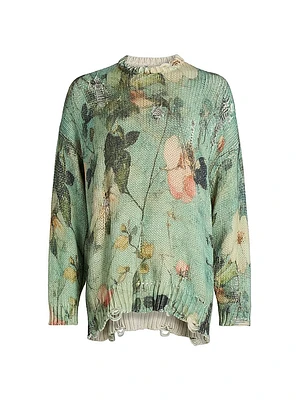 Distressed Floral Cashmere Crewneck Sweater