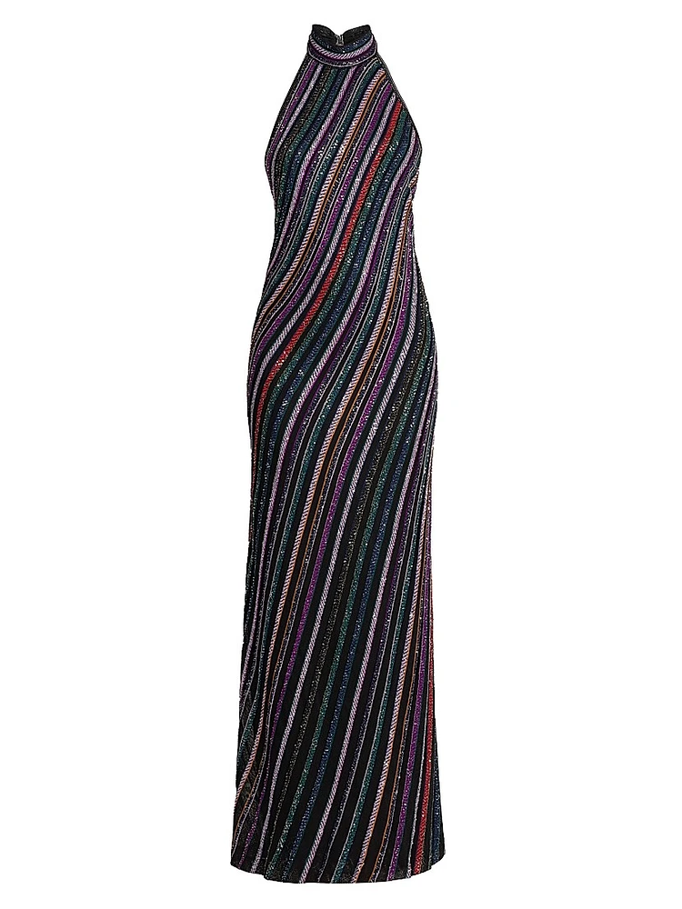 Metallic Striped Knit Open-Back Gown