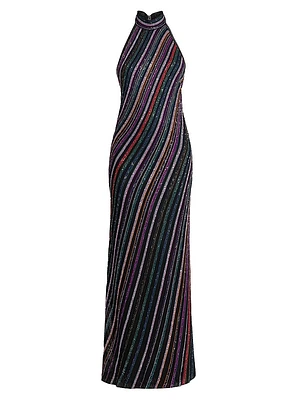 Metallic Striped Knit Open-Back Gown