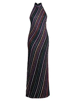 Metallic Striped Knit Open-Back Gown