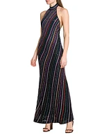 Metallic Striped Knit Open-Back Gown