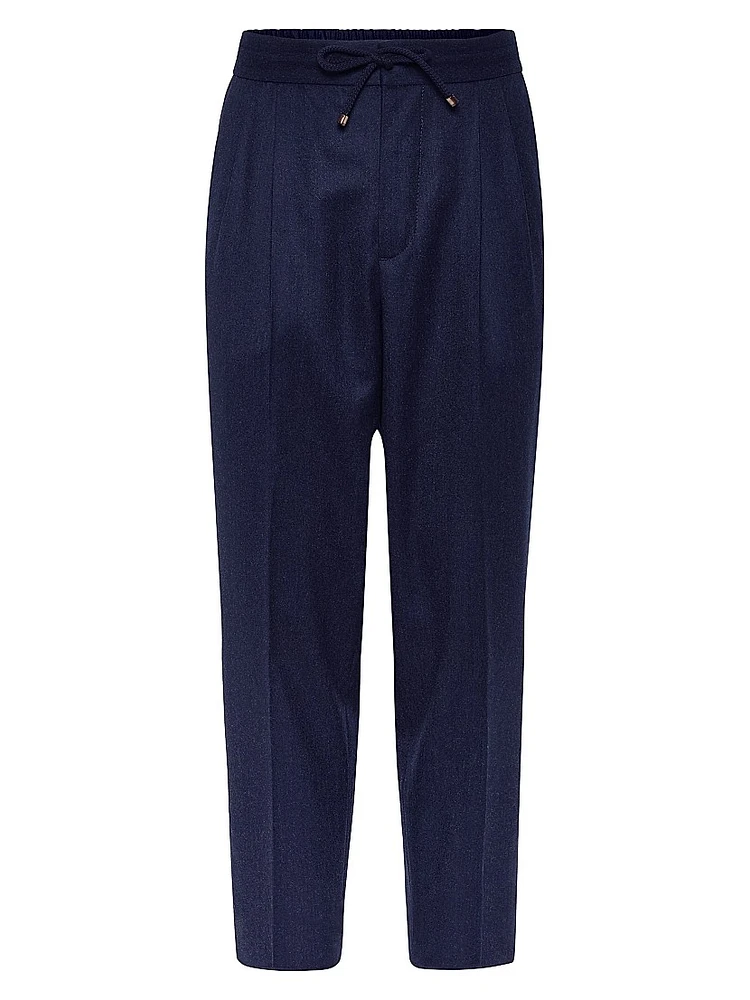 Virgin Wool Flannel Leisure Fit Trousers with Drawstring