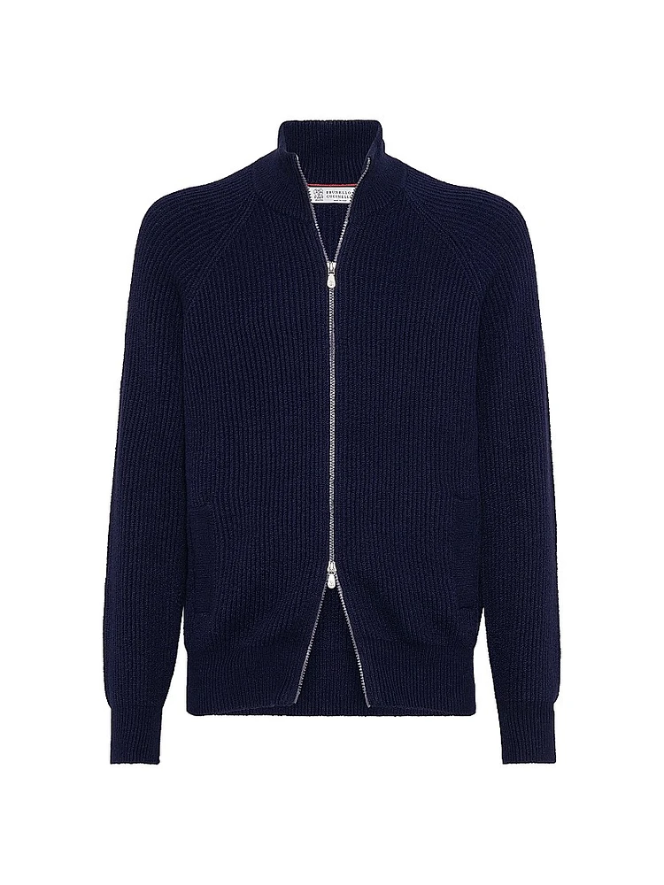 Malfilé Cotton English Rib Cardigan with Raglan Sleeves and Zipper
