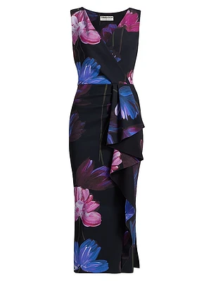 Sayon Floral Drape Sheath Cocktail Dress