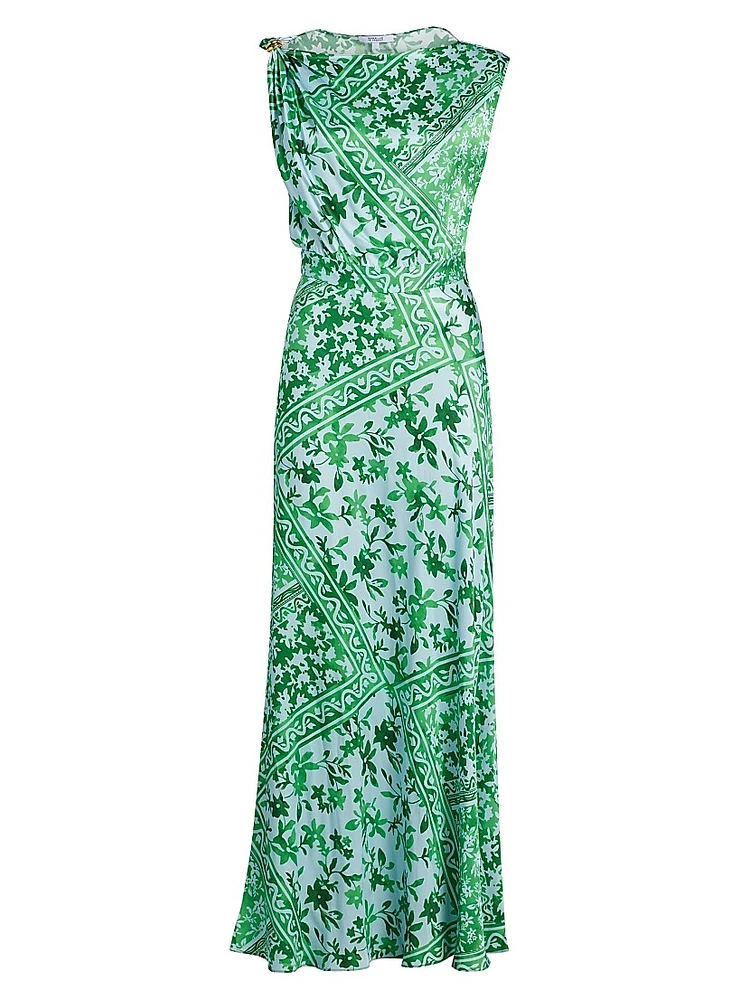 Maritza Watercolor Tile Print Asymmetric Maxi Dress