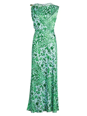 Maritza Watercolor Tile Print Asymmetric Maxi Dress