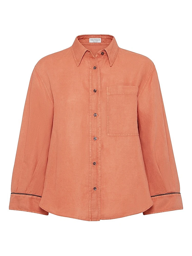 Garment Dyed Linen and Cotton Pinpoint Shirt with Shiny Cuffs