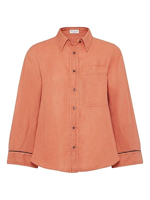 Garment Dyed Linen and Cotton Pinpoint Shirt with Shiny Cuffs